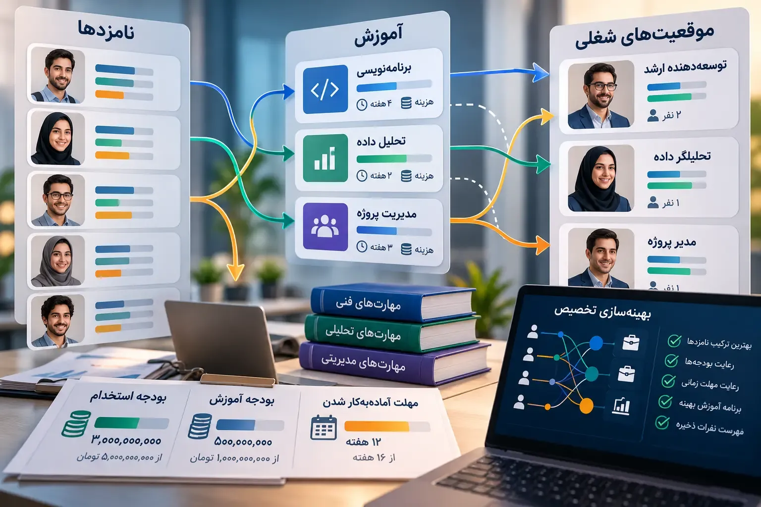 مسیر تخصیص نامزدها به موقعیتهای شغلی، با شاخهی آموزش برای رفع کمبود مهارت